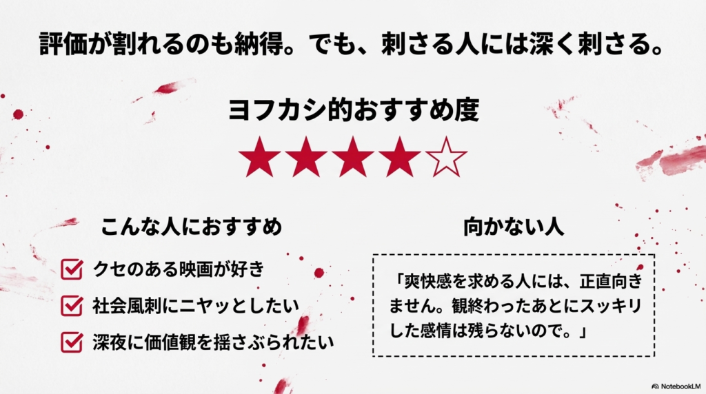 爽快感を求める人には向かないが、クセのある映画や社会風刺、深夜に価値観を揺さぶられたい人におすすめであるというチェックリスト 。