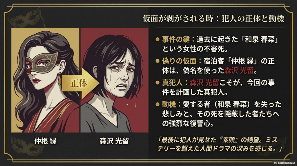 仲根緑の正体が森沢光留であることを示すイラストと、和泉春菜の死にまつわる復讐の動機についての解説。