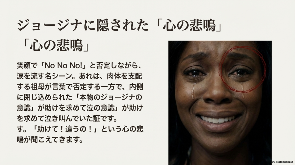 笑顔で否定しながら片目から涙を流すジョージナの顔のアップ。乗っ取られた本物の人格が助けを求めていることを解説。