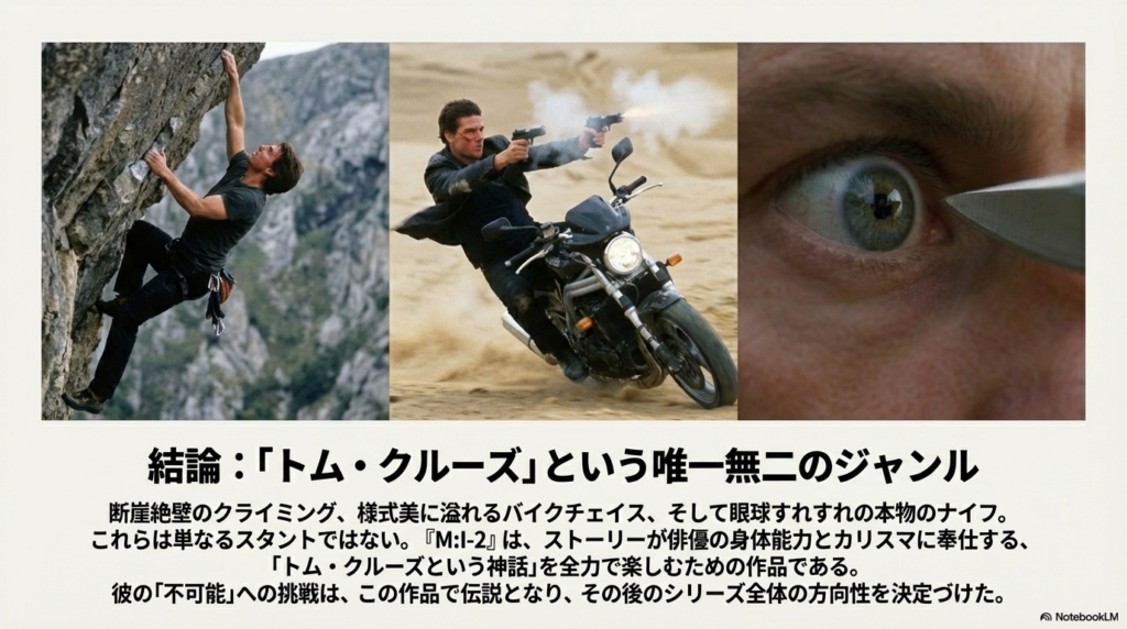 断崖絶壁を登るシーンと、バイクに乗りながら二丁拳銃を放つシーンを組み合わせた、アクションの集大成画像。