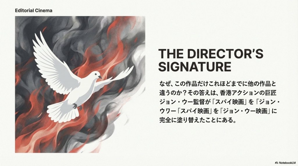 ジョン・ウー監督が「スパイ映画」を独自のスタイルに塗り替えたことを象徴する白い鳩のイラストと解説。