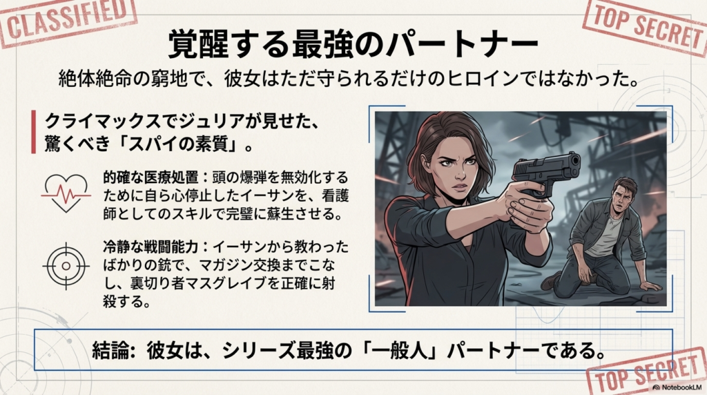 銃を構えるジュリアと、後ろで見守るイーサンのイラスト。的確な医療処置（蘇生）と冷静な戦闘能力（マスグレイブ射殺）について記載されている。