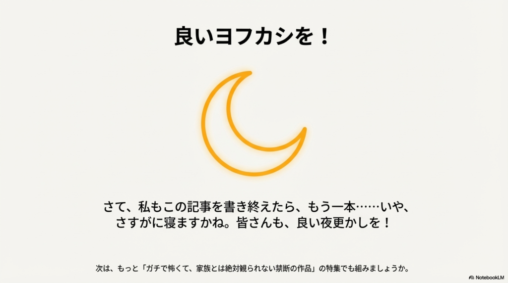 三日月のイラストと「良いヨフカシを！」というメッセージが書かれたスライド