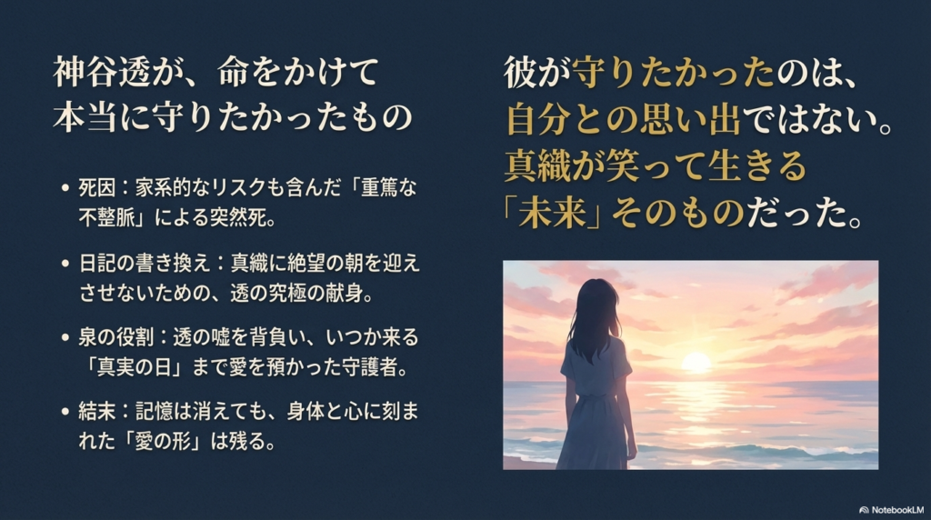 死因、日記の書き換え、泉の役割、結末の4点を凝縮したまとめスライド。透が守りたかったのは「真織が笑って生きる未来」であると結論づけている。