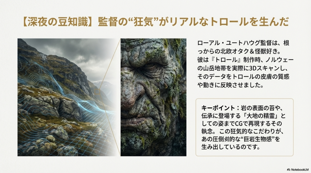 ノルウェーの山岳地帯の3Dワイヤーフレーム画像と、苔むしたトロールの皮膚のアップ画像。「監督の狂気」についての解説スライド。