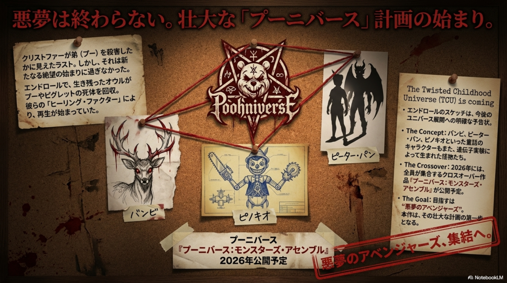 「The Twisted Childhood Universe」の構想図。バンビ、ピノキオ、ピーターパンなどの関連作品と、2026年のクロスオーバー映画への流れが示されている。