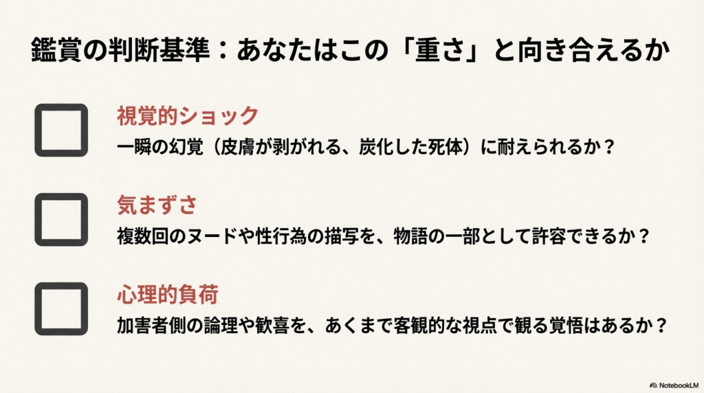 視覚的ショック、性的な気まずさ、心理的負荷の3点について、鑑賞に耐えられるかを確認するチェックリスト