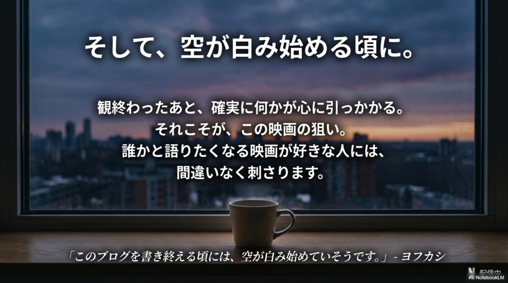 観終わったあとに何かが心に引っかかるという映画の狙いと、ブログを書き終える頃に空が白み始めている様子 。