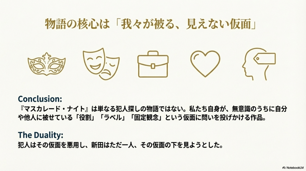 華やかな仮面のイラストと共に、作品が問いかける「役割」「ラベル」「固定観念」という見えない仮面についての結論スライド