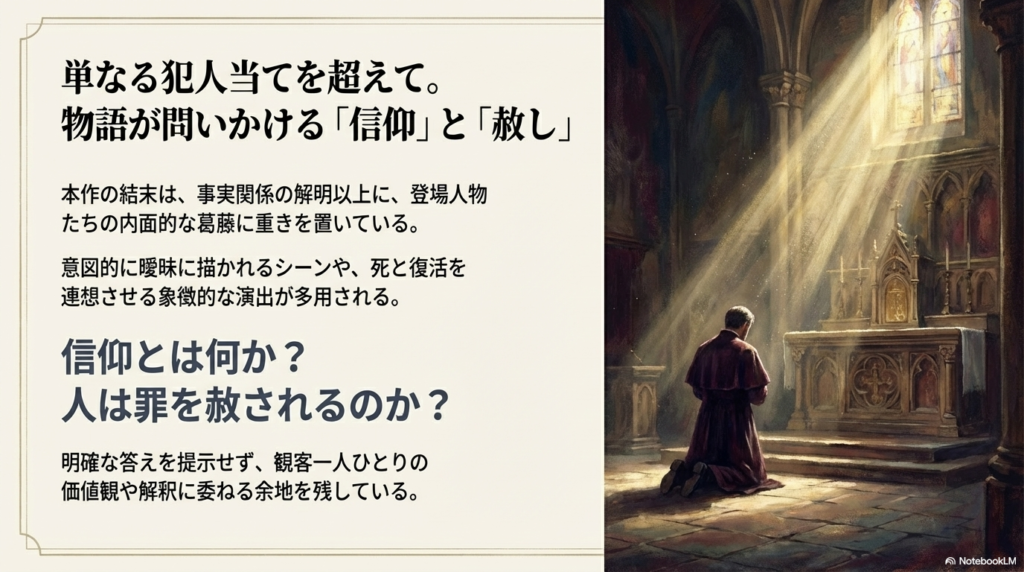 「信仰とは何か?」「人は罪を赦されるのか?」という問いかけが記されたスライド。事実解明以上に内面的葛藤が重要であることを示している。