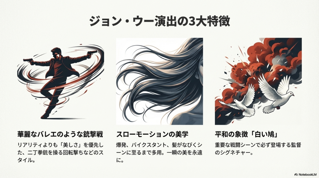 二丁拳銃の回転撃ち、多用されるスローモーション、シグネチャーである「白い鳩」の3大特徴をまとめたスライド。