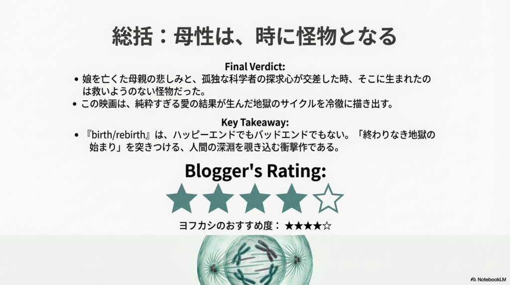 最終評価：純粋すぎる愛が生んだ地獄のサイクルを冷徹に描き出す。ハッピーエンドでもバッドエンドでもない「人間の深淵を覗き込む衝撃作」との総括。
