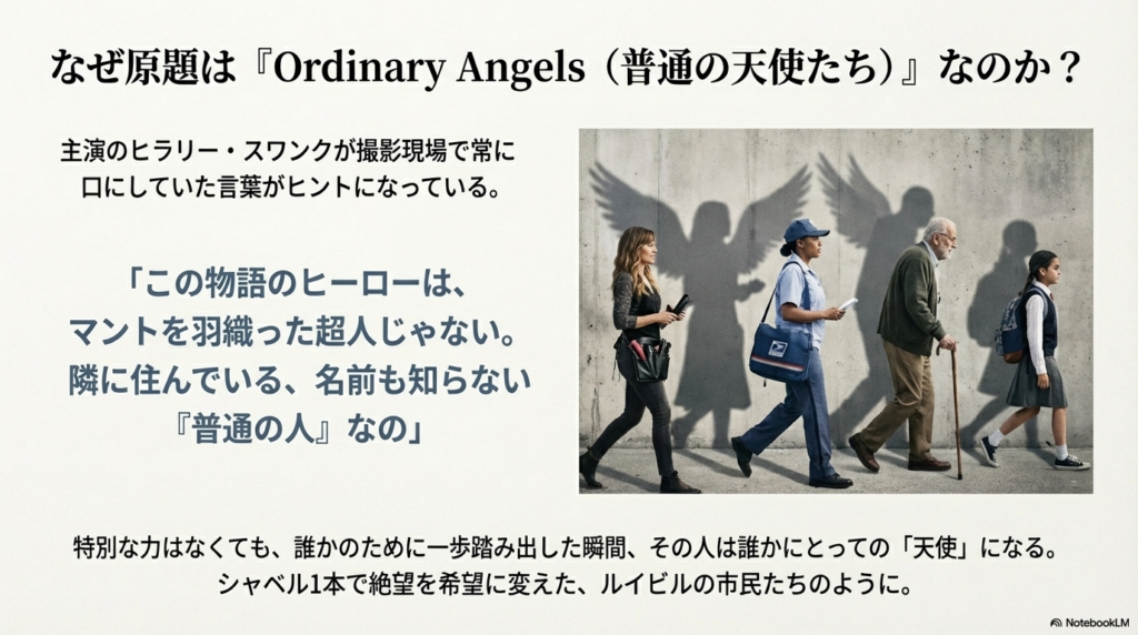 街を歩く普通の人々の影が天使の羽の形をしている画像。「ヒーローは隣に住んでいる名前も知らない普通の人」というヒラリー・スワンクの言葉が添えられている 。