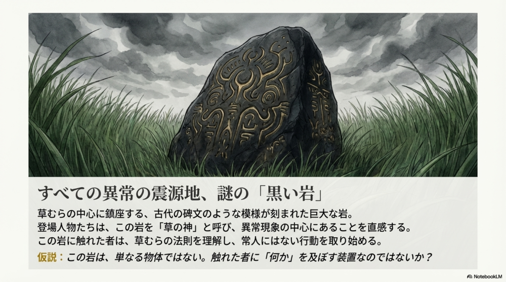 草むらの中心に鎮座する巨大な黒い岩のイラスト。表面には古代の碑文のような模様が刻まれており、すべての異常の震源地であることを示している。
