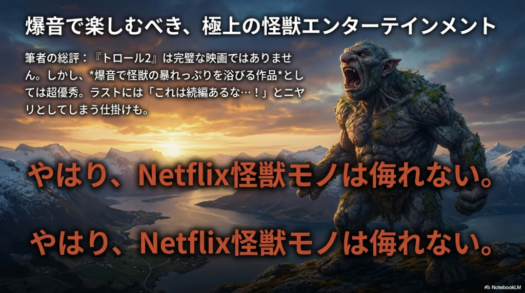 雄叫びを上げるトロールの画像に、「爆音で楽しむべき、極上の怪獣エンターテインメント」というキャッチコピーが添えられた総評スライド。