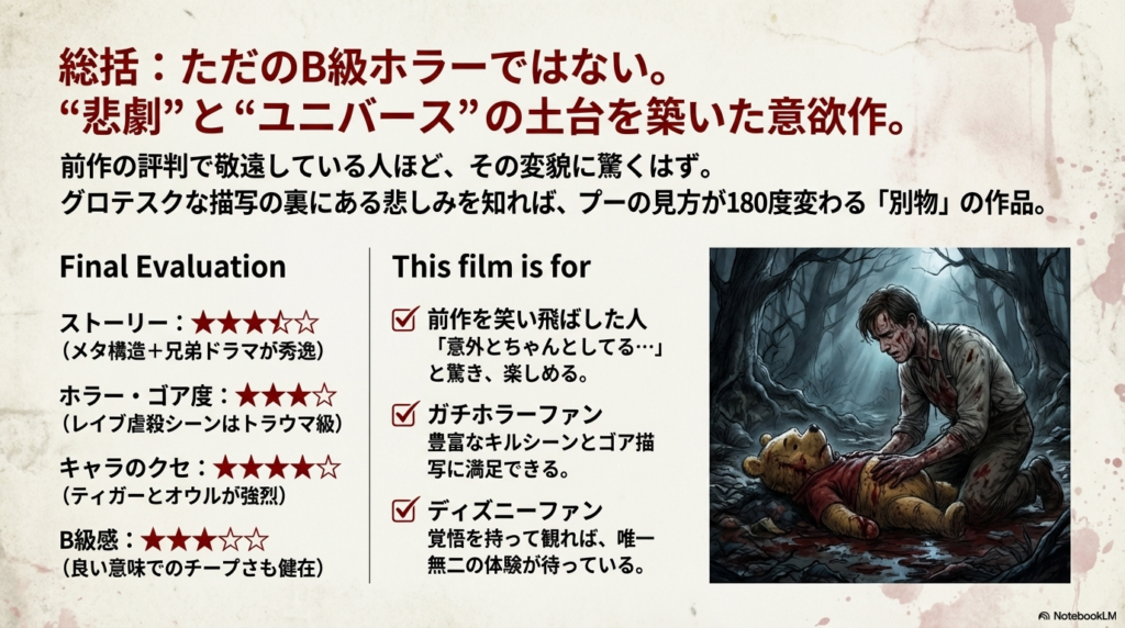 傷ついたプーを抱えるクリストファー・ロビンの悲劇的なイラストと、この映画を楽しめる層（前作を笑った人、ホラーファンなど）のチェックリスト。