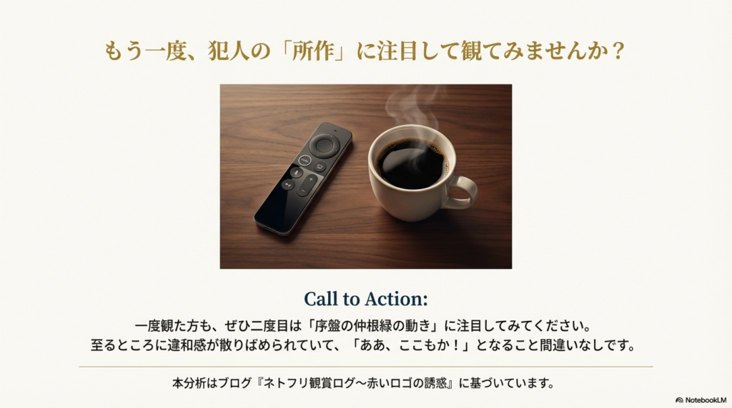 コーヒーカップとリモコンの写真。一度観た人へ「仲根緑の動き」に注目した再鑑賞を提案するメッセージスライド