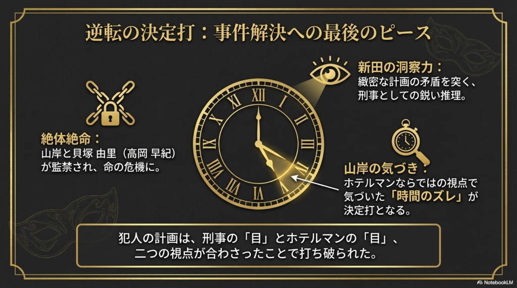 時計のイラストと共に、新田の洞察力と山岸が気づいた「時間のズレ」が事件解決の鍵となったことを示すスライド。