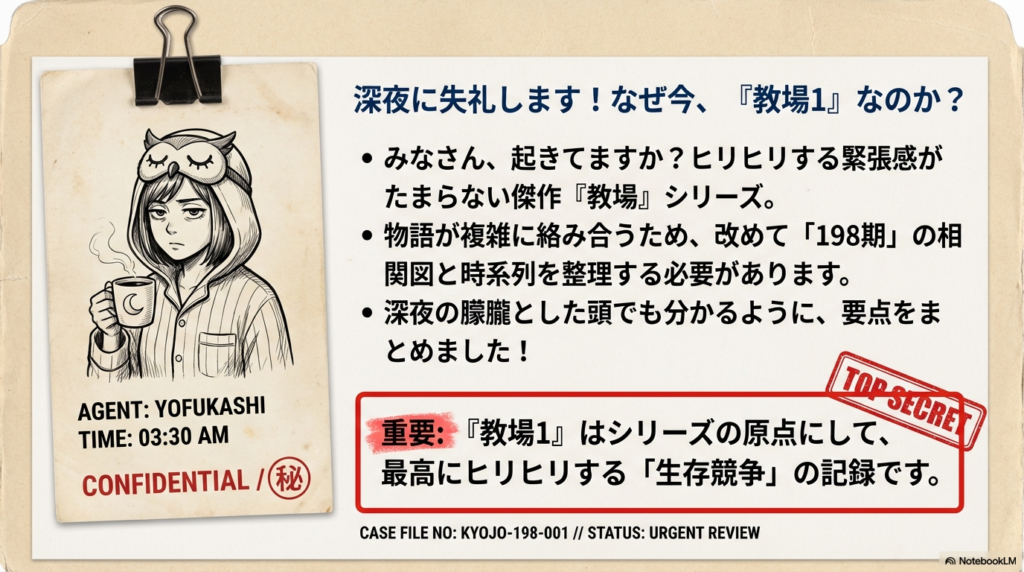 パジャマ姿でコーヒーを持つフクロウのキャラクターと、「深夜に失礼します！なぜ今、『教場1』なのか？」というメッセージ。