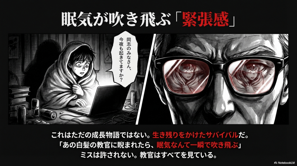 「これはただの成長物語ではない。生き残りをかけたサバイバルだ」という文字と、教官の鋭い視線を象徴するような背景デザイン。