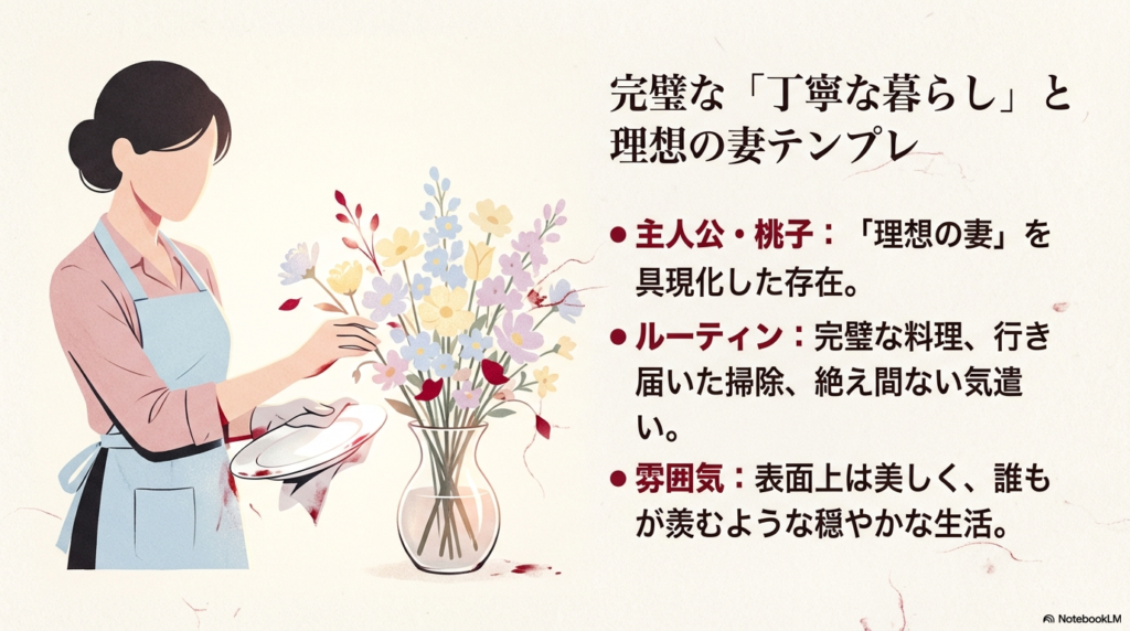 主人公・桃子が体現する「理想の妻」像を説明するスライド。完璧な料理、掃除、気遣いといったルーティンと、表面上は美しく穏やかな生活の実態がまとめられている 。