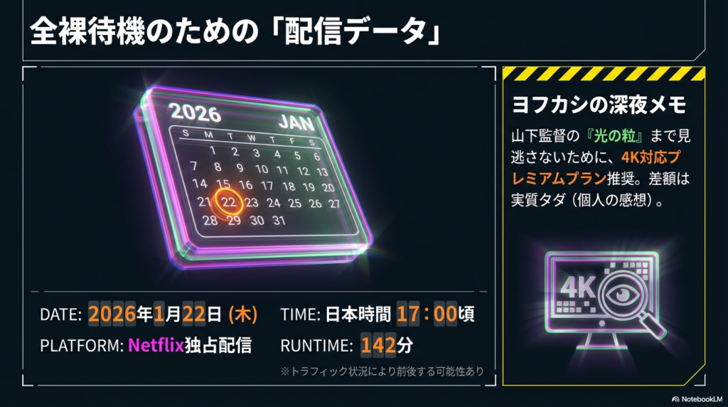 2026年1月22日の配信日カレンダーと、17:00頃という配信開始時間、142分の上映時間を記載 。4Kプレミアムプランを推奨する「ヨフカシの深夜メモ」も含まれている 。