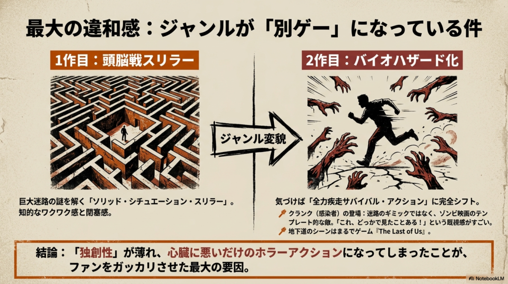 1作目の「頭脳戦スリラー」から2作目の「バイオハザード化したサバイバル・アクション」へのシフトを解説し、感染者クランクに追われる人物を描いたスライド。