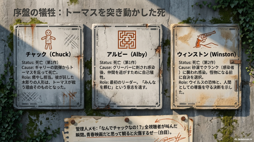 第1作で命を落としたチャック(銃弾から庇う)、アルビー(自己犠牲)、そして第2作のウィンストン(感染後の自決)の死因と役割をまとめたスライド。