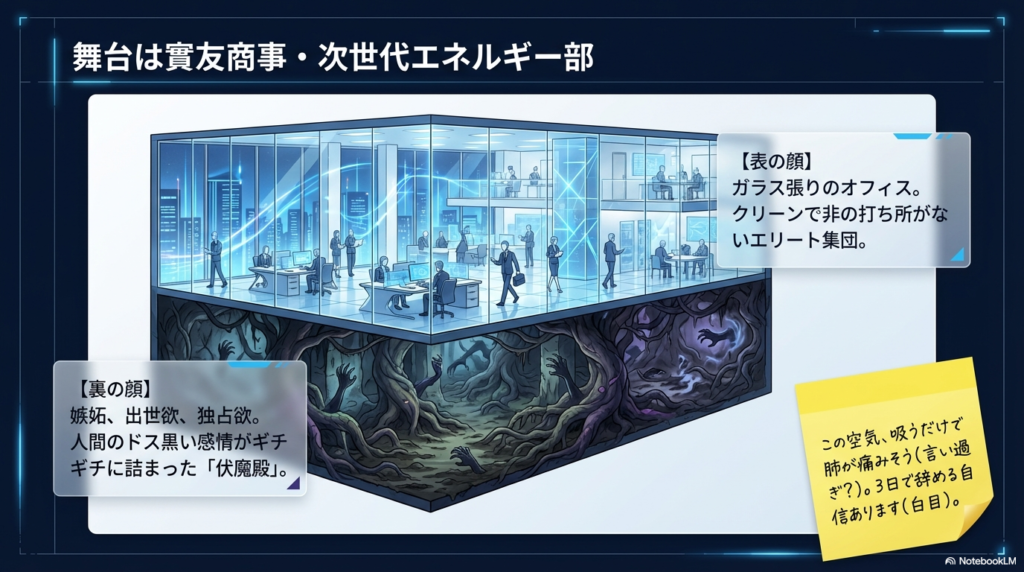 多くの登場人物の写真が赤い糸で複雑に結ばれた相関図ボード。至る所に「？」や「不明」の付箋が貼られている。