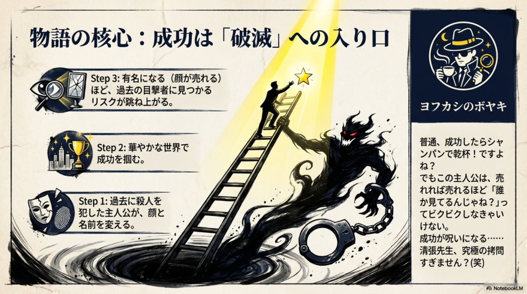 物語の3ステップ（殺人と改名、成功、目撃のリスク）を解説するスライド。虫眼鏡を持った探偵風のイラストが添えられている。