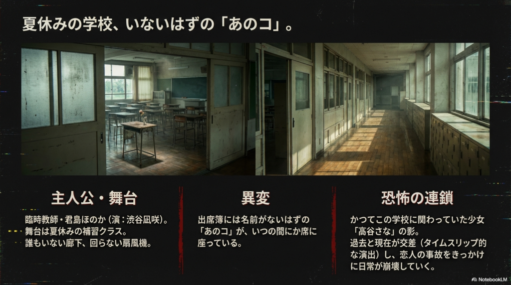 夏休みの無人の廊下と、出席簿に名前がない少女「高谷さな」の影を描写したあらすじスライド