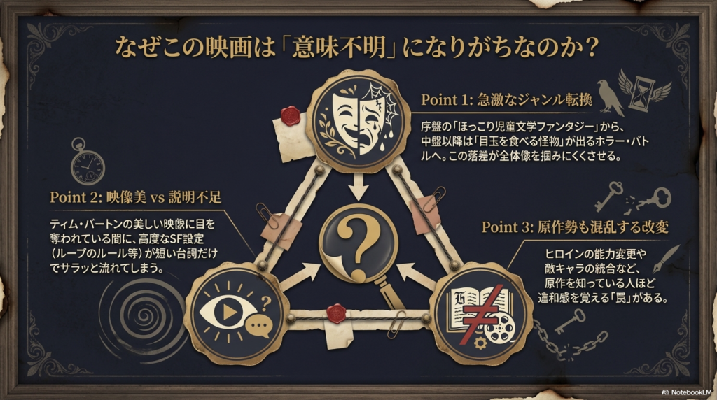 喜劇と悲劇のマスクのイラストと共に、混乱の理由として「急激なジャンル転換」「映像美 vs 説明不足」「原作勢も混乱する改変」の3つのポイントが挙げられているスライド。