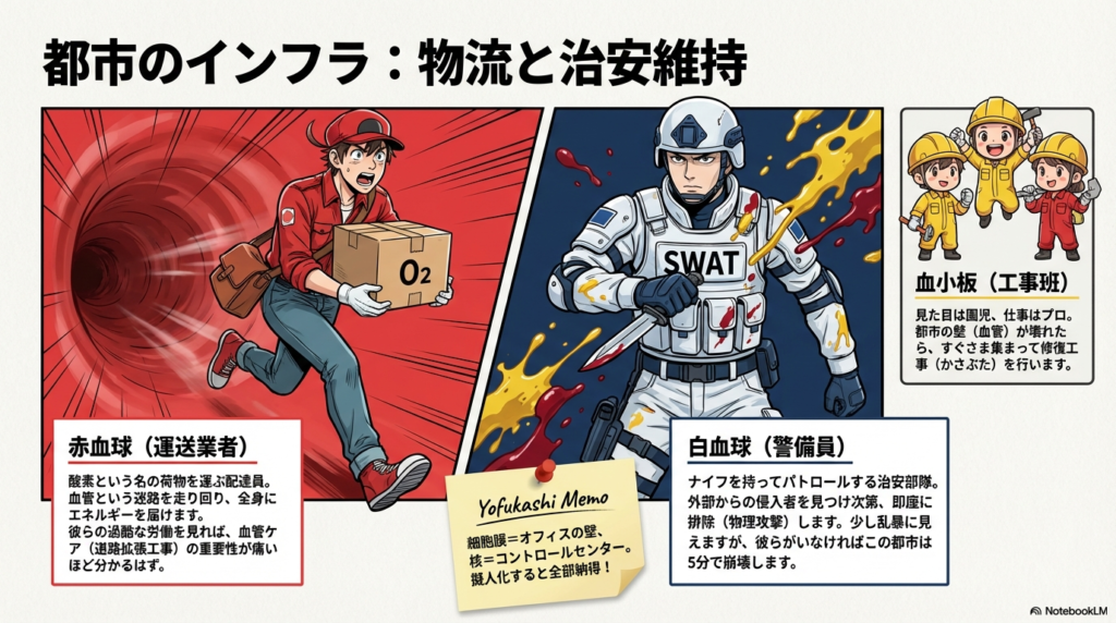 赤血球（運送業者）、血小板（工事班）、白血球（警備員）がそれぞれの役割を全うしているイラストスライド 。