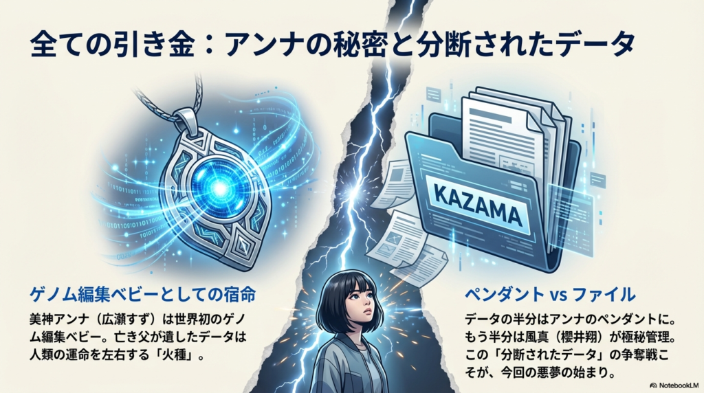美神アンナのペンダントのイラスト。ゲノム編集ベビーとしての宿命と、風真と分かち持った「分断されたデータ」の争奪戦について解説。