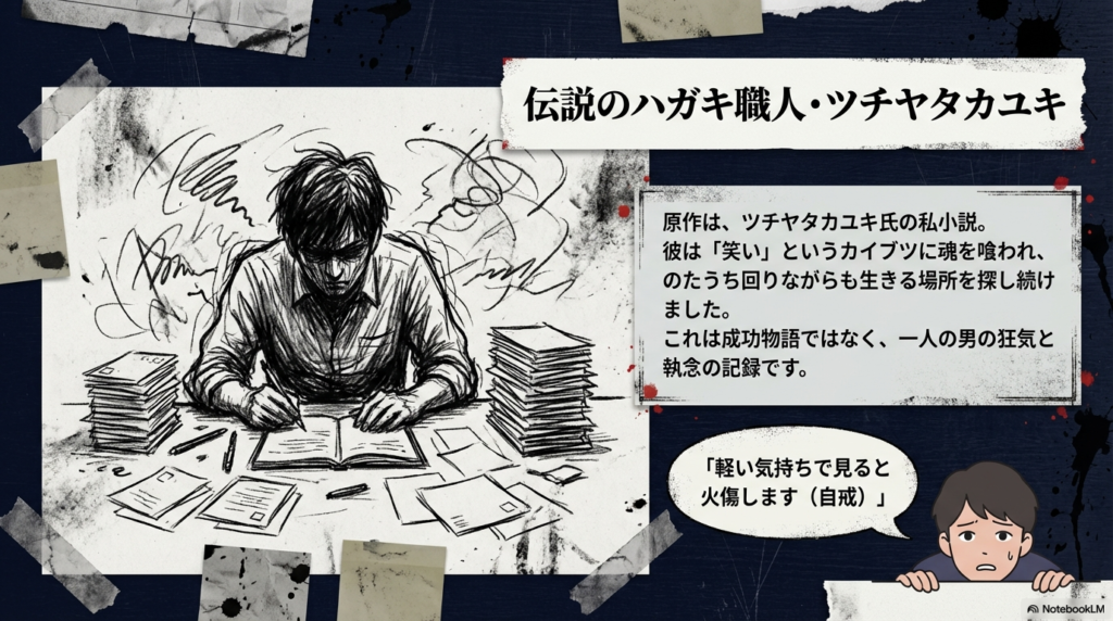 デスクで何枚ものハガキを前に書き続ける男のイラストと、魂を削り笑いを探し続けた記録の紹介