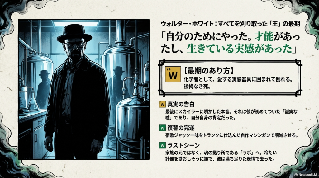 ラボに立つウォルターのイラスト。自作マシンガンでの復讐、スカイラーへの本音の告白、そして愛するラボで化学者として倒れる最期についての解説。