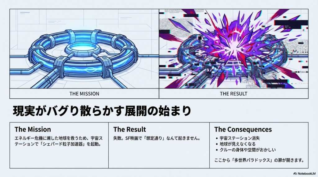 左側に正常に稼働する円形のシェパード粒子加速器（THE MISSION）、右側にそれが爆発し空間が歪んでいる様子（THE RESULT）を比較したイラスト。