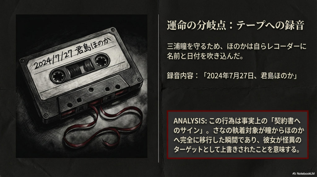2024年7月27日に君島ほのかが自らレコーダーに名前を吹き込んだ行為が、さなの執着対象を移行させた「契約」であることを分析したスライド。
