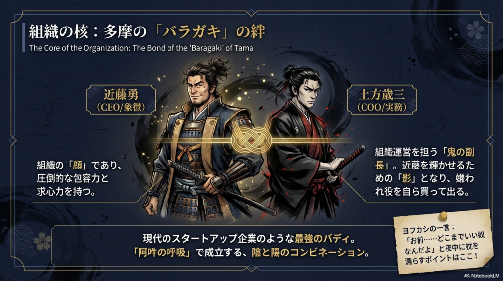近藤勇をCEO、土方歳三をCOOになぞらえ、現代のスタートアップのような最強のバディ関係を解説した図 。