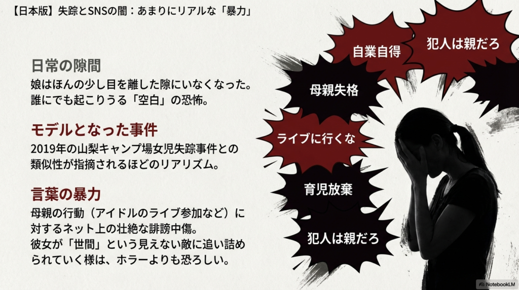 山梨のキャンプ場女児失踪事件を彷彿とさせる設定や、母親への「母親失格」「自業自得」といったネット上の誹謗中傷を視覚化したスライド。