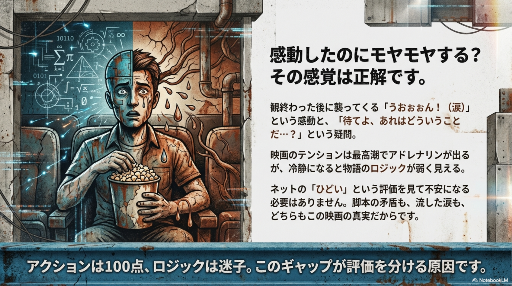 ポップコーンを食べながら涙を流す観客のイラスト。脳の半分が数式(ロジック)、もう半分がひび割れた感情を表しており、アクションの満足度と脚本の矛盾の板挟みを表現。