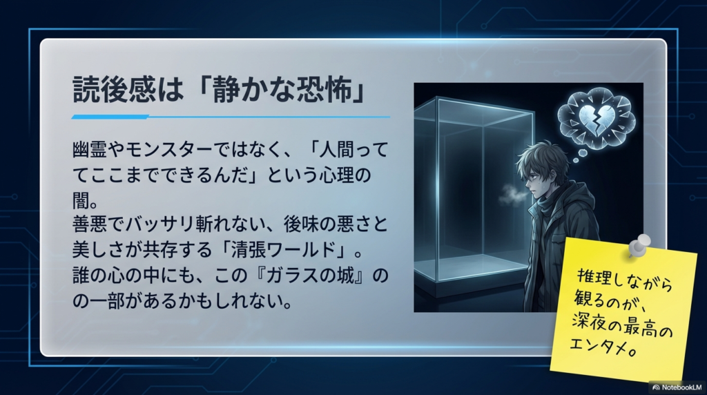 善悪では割り切れない「人間の業」と、後味の悪さと美しさが共存する清張ワールドの魅力を解説するスライド。