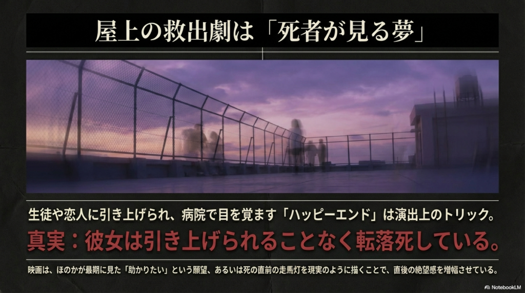 屋上での救出劇や病院での目覚めは、ほのかが最期に見た願望や走馬灯であり、真実は転落死していることを解説するスライド。