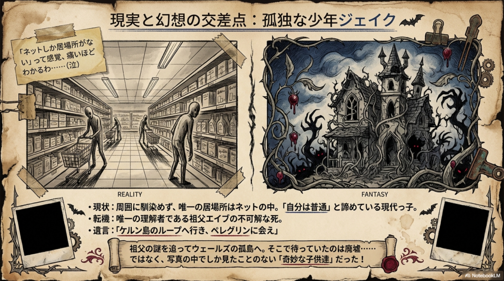 主人公ジェイクの現状、祖父エイブの死、遺言の内容、ウェールズの孤島への旅をまとめた解説スライド。