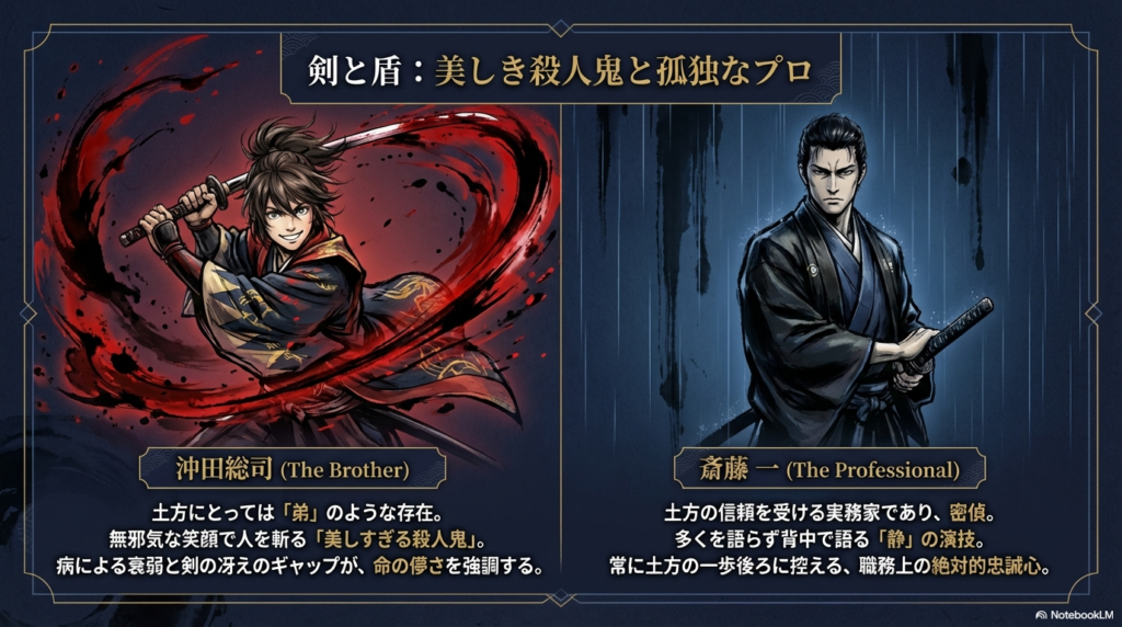 土方にとっての弟分である沖田総司と、絶対的忠誠を誓う職人肌の斎藤一のキャラクター解説 。