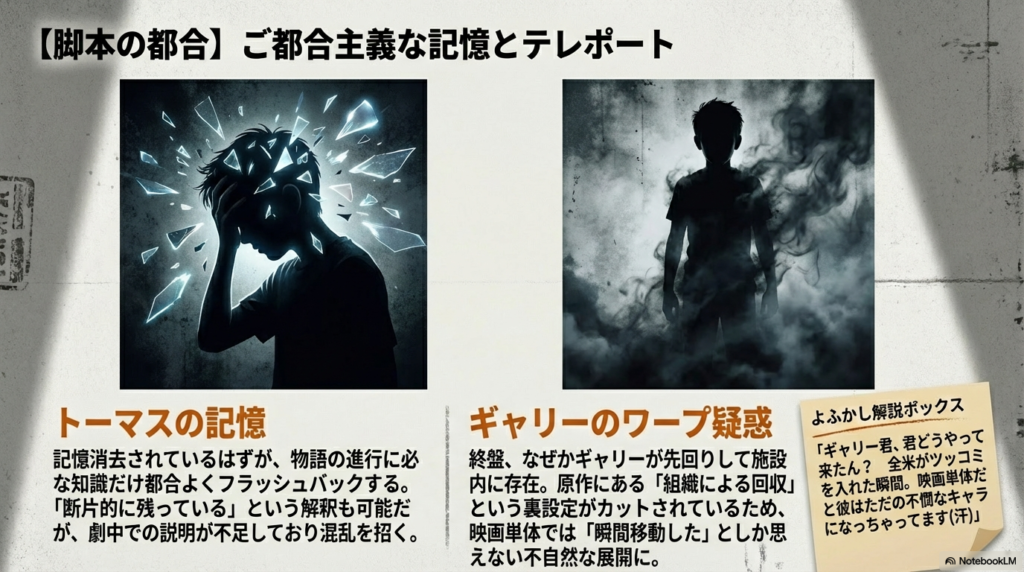 トーマスの都合の良い記憶のフラッシュバックと、裏設定のカットによりギャリーが瞬間移動したように見える不自然さを解説するスライド 。