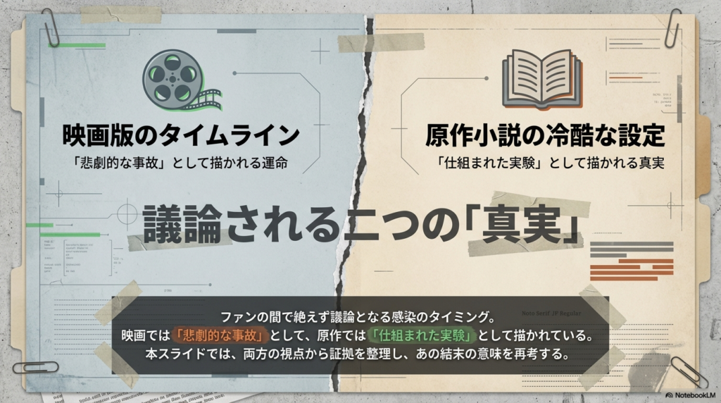 映画版の「悲劇的な事故」と原作の「仕組まれた実験」という二つの視点を比較したイントロダクションスライド