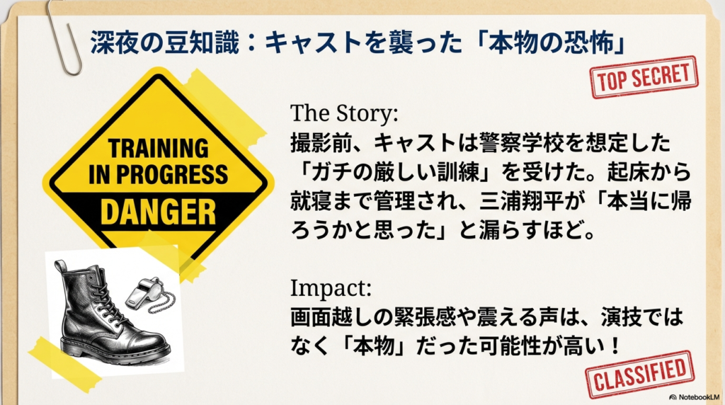 訓練中の緊張感を表す警告マークと、三浦翔平さんのエピソードなどを交えた舞台裏の紹介。