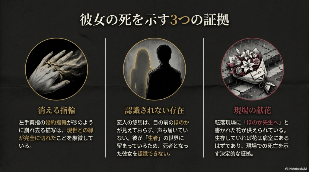 消える指輪、悠馬に認識されない様子、現場の献花という、ほのかがすでに亡くなっていることを示す3つの伏線をまとめたスライド。