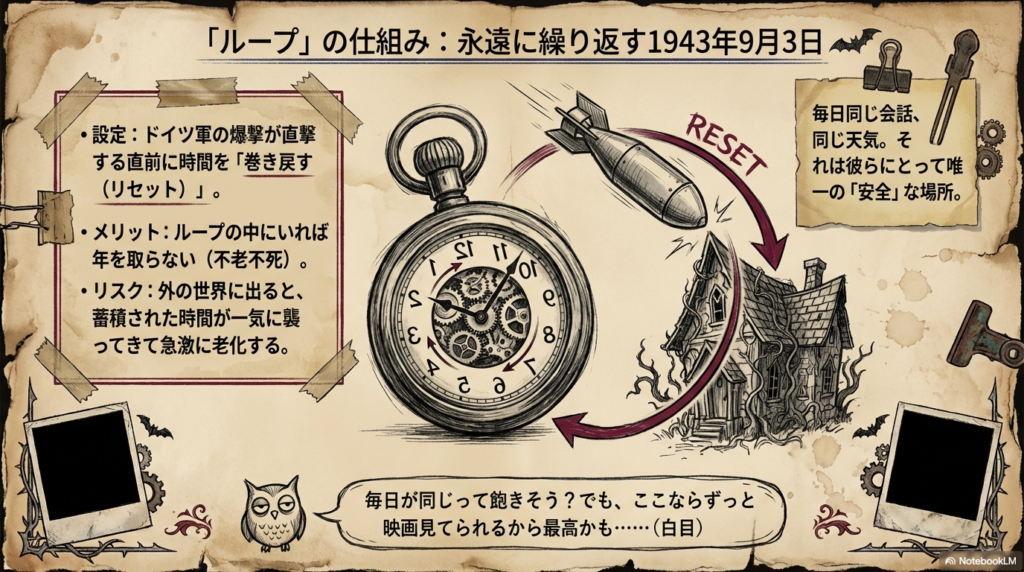 ドイツ軍の爆撃直前に時間をリセットする仕組みや、不老不死のメリット、老化のリスクを説明するスライド。